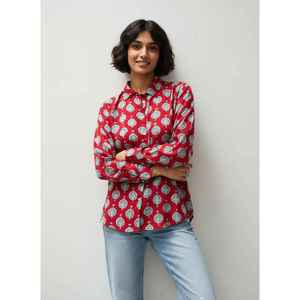 Camisa Casual de Manga Larga para Mujer, de Algodón Modal Rojo, Estampada, con Bordado a Mano, Tela Popelina, Logotipo/Estampado Dibujado a Mano, Varias Tallas - Product Image 4