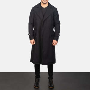 Manteau long noir en laine pour homme style détective, coupe ajustée, avec capuche imprimée, pour automne-hiver, élégant et décontracté, avec bordure en fourrure - Product Image 3