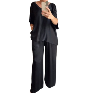 Women's <b>Green</b> <b>Silk</b> Satin V-Neck Two-Piece Set Loose Fit Casual Wide Leg Pants With Pockets Summer Wear - Product Image 2