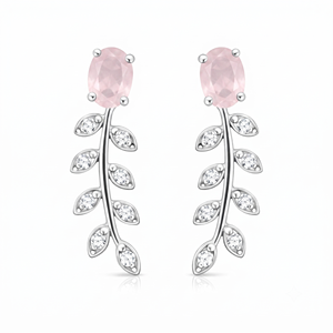 Modernos Pendientes Colgantes de Hoja con Circonita Cúbica y Cuarzo Rosa para Mujer, Plata de Ley Fina con Baño de Rodio, para Aniversario o Compromiso - Product Image 1