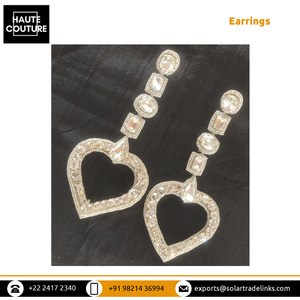 Handcrafted Hand Embroidered <b>Silver</b> Crystal Dangling <b>Heart</b> Pendant Statement <b>Earrings</b> with <b>Silver</b> Miyuki Beads - Product Image 2