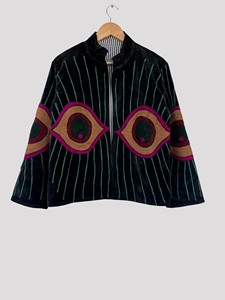 Hand Embroidered <b>Velvet</b> Blouson Jacket With Geometric Eye Design Stand Collar Full Sleeve Plus Size Autumn Women's Coat - Product Image 1