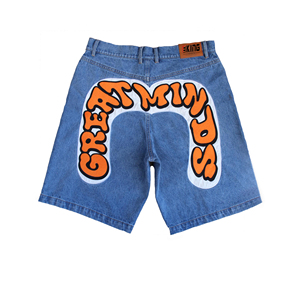 Custom Designer Men's Mid Waist Baggy Summer Denim <b>Jean</b> Shorts Distressed Washed Chenille Embroidery Patches Streetwear Casual - Product Image 4