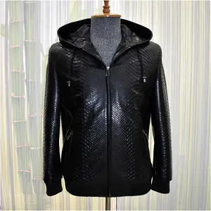 Chaqueta de piel de vaca auténtica para hombre, chaqueta de cuero negro con relieve de Pitón, nuevo estilo con capucha - Product Image 1