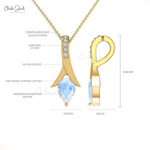Collar Minimalista con Colgante de Lágrima para Mujer, Piedra Lunar Arcoíris Natural de Corte Pera de 6x4 mm, con Joyería de Oro Sólido de 14k Hecha a Mano - Product Image 4