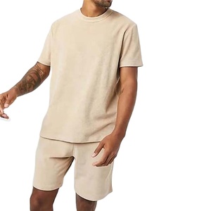 Ensemble décontracté d'été pour hommes en tissu éponge uni, T-shirt à manches courtes 100 % coton séchage rapide, ensemble 2 pièces pour hommes 2026 - Product Image 1