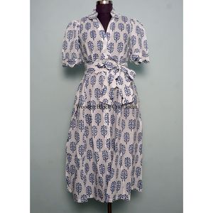 Robe midi décontractée vintage pour femme 100 % coton à manches courtes, imprimé floral, col en V, fermeture à cordon, coupe trapèze, doublure en coton tissé - Product Image 1