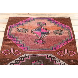 3.7x7.7 ft Vintage Turkish Rug, Area Rug, <b>Brown</b> Pink Geometric <b>Wool</b> Rug - Product Image 4