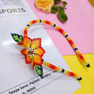 Handmade Beaded Hairband with Orange Yellow <b>Floral</b> Design and Green Leaves Ideal for Girls Ethnic Fashion and Festive Styling - Product Image 3
