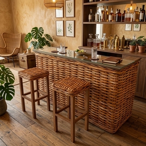 Wholesale Natural Grey Rattan Wicker Wood <b>Bar</b> Counter <b>Table</b> Tempered Glass Top Traditional Design for Commercial Hotel - Product Image 3