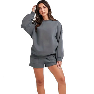 New Arrivals Winter Solid Custom Logo Women's Hoodie & <b>Shorts</b> Set High Quality Breathable 100% Cotton Fleece - Product Image 5