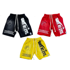 Custom Streetwear Acid Wash Cotton Drawstring Rhinestone Screen Printing Hip Hop Streetwear <b>Baggy</b> <b>Shorts</b> - Product Image 1