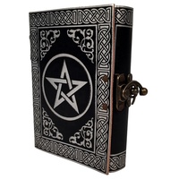 Diario de cuero genuino envejecido con aspecto vintage, diario de Pentáculo en relieve con estrella, diario de bocetos, negro con libro de hechizos plateado