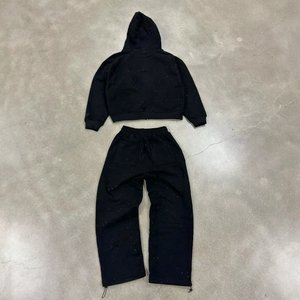 High Quality Sweat Suit Manufacturers <b>Black</b> Print <b>Zip</b> <b>up</b> <b>Hoodie</b> and Jogger Two Piece Set Tracksuits - Product Image 2