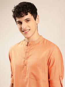 Hommes rayures tissées design zari pathani couleur orange solide col mandarin court kurta polyester viscose manches longues pour hommes - Product Image 6