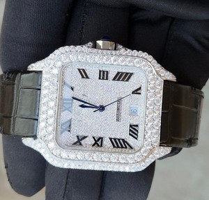 Montre de luxe pour homme, style hip-hop, sport, quartz, mode antique, bracelet en acier inoxydable, ceinture noire, moissanite taille VVS - Product Image 1