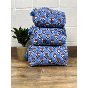 Block Print Bohemian Quilted <b>Wash</b> <b>Bag</b> <b>Set</b> of 3 Embroidered Logo Makeup Organizer for Storage with Zipper Closure - Product Image 4