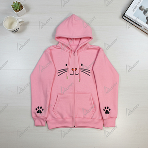 Sudadera con capucha y cremallera con estampado de gato rosa para mujer, linda sudadera de mezcla de algodón, sudadera con capucha con cara de gato Kawaii y mangas con diseño de pata para uso casual - Product Image 2