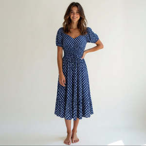 Vestido Midi Vintage Transpirable con Cuello en V, Manga Casquillo, Cintura Fruncida, Volantes y Estampado a Rayas, Tallas XS-XL, Ideal para Ocasiones Diurnas de Primavera - Product Image 1