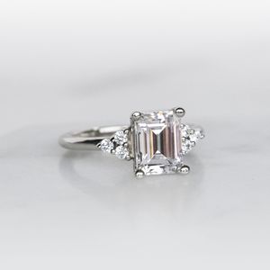 <b>Emerald</b> Cut Seven Stone Moissanite Engagement <b>Ring</b> in 925 <b>Silver</b> & Rose Gold Cute Style for Women - Product Image 2