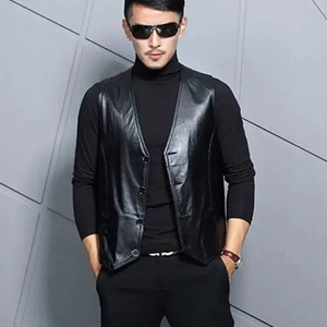 Chaleco de invierno para hombre, de cuero genuino y lona, impermeable, con cuello en V, informal, sin mangas, de piel de oveja auténtica - Product Image 1