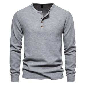 Soft Polyester/Cotton Knitted O-Neck Men's High Quality Quick-Dry Breathable <b>Long</b> <b>Sleeve</b> Leisure <b>Top</b> Solid Grey White <b>Black</b> - Product Image 1