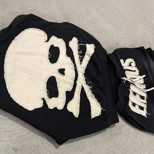 Applique Embroidery Distressed <b>Patch</b> Men's Tracksuit Sun Faded Pullover Hoodie And Stacked Flare Pant Set For Men's - Product Image 5