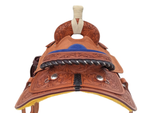 Silla de Montar Western Premium Hecha a Mano con Asiento de Gamuza Azul Roughout, Cantle de Cuero Crudo y Guardabarros Preformados de 16 Pulgadas, 100% Cuero - Product Image 4