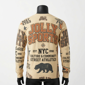 เสื้อยืดแขนยาวผู้ชาย ผ้าคอตตอนโพลีเอสเตอร์พรีเมียม 180 GSM สีเบจ พิมพ์ลายกราฟิกแบบซับลิเมชั่นทั้งตัว เสื้อยืดแขนยาว - Product Image 5