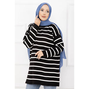 Pull en tricot oversize rayé pour femme, imprimé floral, fleurs brodées, style décontracté respirant pour l'automne/hiver, noir sur le devant - Product Image 2