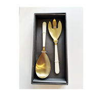 Top Prix En Acier Inoxydable Salade Serveur Cuillère Ensemble avec Feuille Poignée Boîte Noire Emballage En Acier Inoxydable Artisanat
