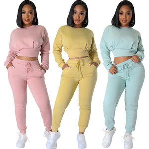 2024 Fall Fashion Customize Crewneck Cropped Two Piece <b>Joggers</b> Set for <b>Women</b> <b>Fleece</b> Long Sleeve Crop Top Sweatsuit - Product Image 1