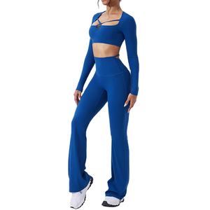 Combinaison de yoga unie à manches longues pour femme, idéale pour le sport, la gym, l'entraînement et la course, avec logo frontal et taille élastique - Product Image 5