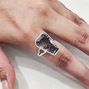 แหวนผู้หญิงพลอยรูไทล์สีดำธรรมชาติทรงโลงศพ เครื่องประดับสำหรับคริสต์มาส วันเกิด เครื่องประดับทำมือ เงินแท้ 925 - Product Image 5