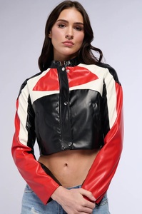 Women's Sheep Skin Leather Moto Faux <b>Jacket</b> Solid Pattern Cropped Bomber <b>Biker</b> <b>Jacket</b> for Autumn & Spring Season Women's <b>Jackets</b> - Product Image 3