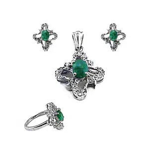 Ensemble de bijoux pour femme Art Palace en argent 925, émeraude, style religieux, forme florale, taille ovale, collier, boucles d'oreilles, bague de fiançailles - Product Image 2