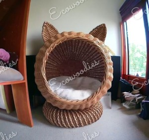 เตียงนอนสัตว์เลี้ยงหวายและไม้ไผ่สานรูปแมวทำด้วยมือสำหรับ100% - Product Image 1