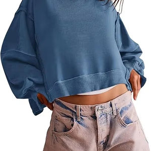 Women's <b>Winter</b> Crop Sweatshirt Casual Long Sleeve Button O Neck Pullover Loose Fit 100% Cotton Customizable <b>Tops</b> - Product Image 2