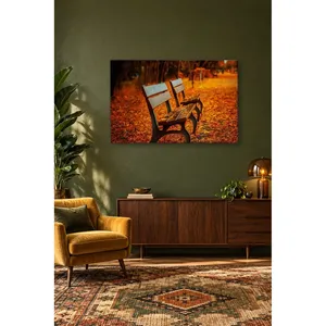 Fida Deux bancs dans un parc recouvert de feuilles, impression sur toile - Product Image 5