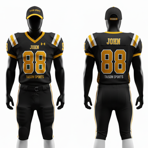 Uniforme de football américain pour hommes en polyester respirant 260 GSM, vert, or, blanc, avec panneaux rayés, logo personnalisé par transfert thermique - Product Image 3