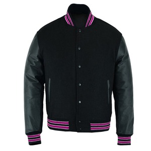 Classic Varsity <b>Baseball</b> <b>Jacket</b> <b>Men</b> Winter Wool Body Black Pink Trim Stand Collar High Street Hot Design Windproof Breathable - Product Image 1