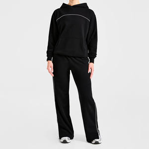 High Demand Custom Logo <b>Black</b> <b>Hoodie</b> & Jogger With Piping Two Piece Women's Tracksuits Breathable Sportswear Women Sweat Suits - Product Image 6