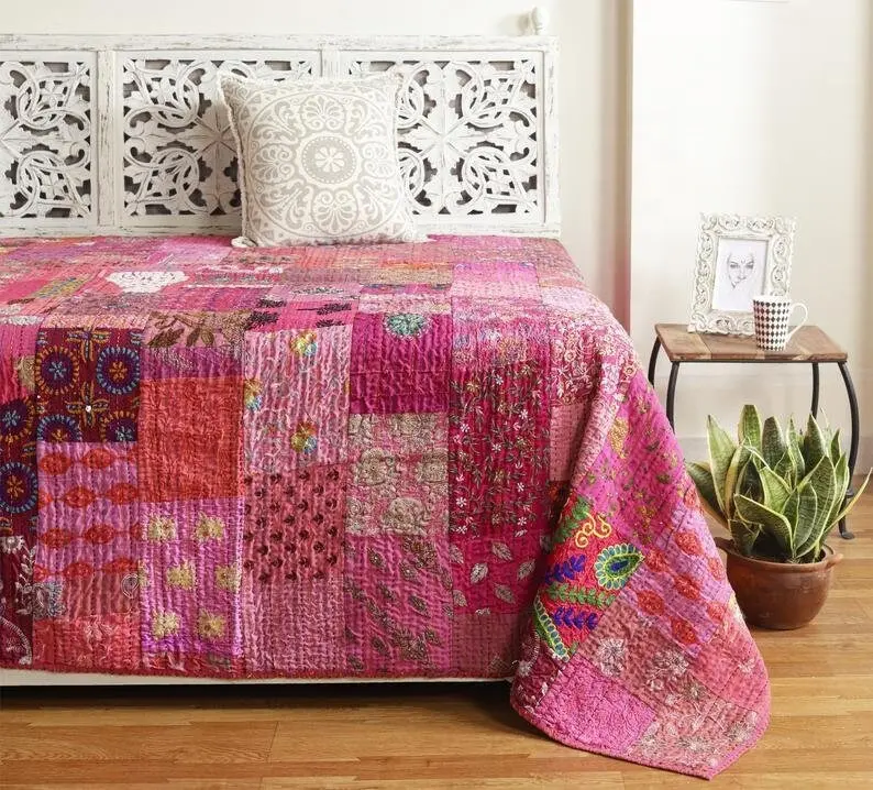 Pink Cotton Handmade Kantha Quilt Bohemian Sequined Reversible Bed Cover Queen Size Patchwork Bedspread Ethnic Blanket