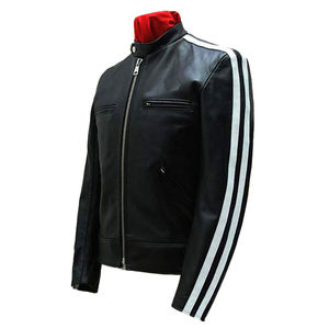 Nouvelle arrivée 2025, veste en cuir noir souple de haute qualité pour homme avec bande en cuir blanc, coupe ajustée, veste en cuir de motard pour homme - Product Image 1