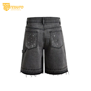 Custom Women's Casual Summer <b>Jogger</b> Sweat Shorts Distressed Embroidery Rhinestone Straight Denim Acid Wash Regular Fit - Product Image 1