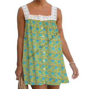 Robe d'été décontractée pour femme, imprimé floral en coton fait main, respirante, tenue ethnique, tunique, haut en dentelle, pour tous les jours - Product Image 3