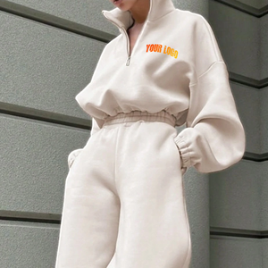 Gran oferta, conjunto de dos piezas, pantalones de chándal de otoño e invierno y conjunto con capucha de talla grande, chándales holgados de algodón con media cremallera para mujer - Product Image 5