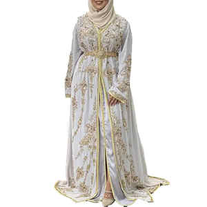 OEM personalizado fiesta satén Abaya trabajo hecho a mano de lujo bordado de cristal Dubai Kaftan musulmán hasta el suelo Maxi vestidos cinturón marroquí - Product Image 1