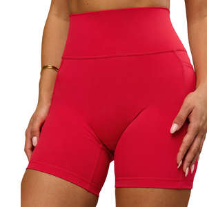 Shorts de sport tricotés taille haute rouges avec ensemble soutien-gorge assorti, séchage rapide, Spandex Polyester, couleur unie, vêtements de sport pour femmes - Product Image 4