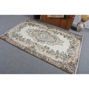 4x6.2 ft Area Vintage Rug, Turkish Rug, <b>Brown</b> White Striped <b>Wool</b> Rug - Product Image 4